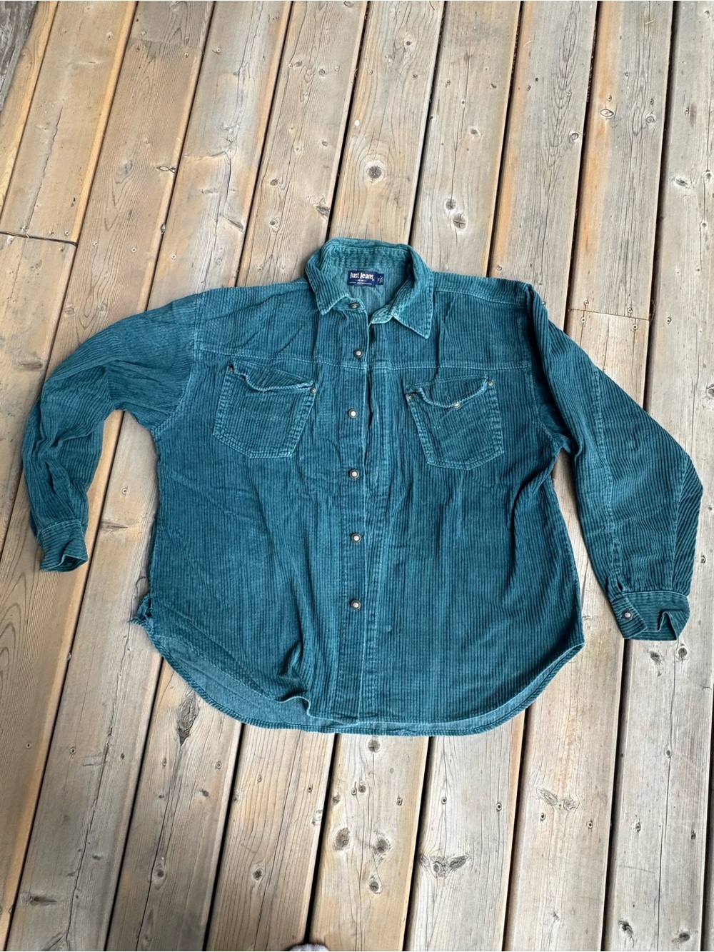 Distressed Corduroy Button-Up Jacket Shirt - Teal Green- Vintage